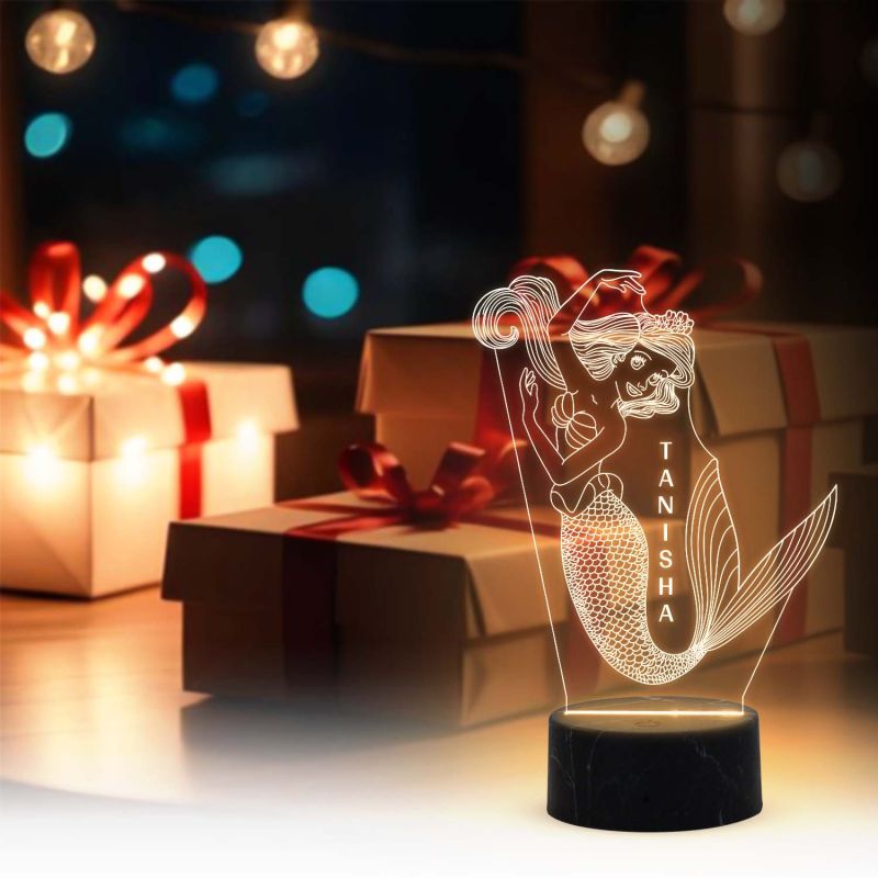 3D Mermaid Night Light with Warm White Color Customized with Name Gift for Kids, Girls room Decor